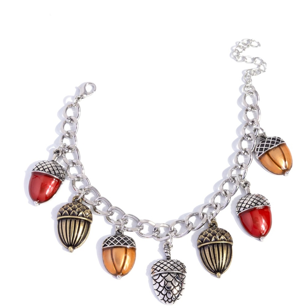 Silver Acorn Charm Bracelet with Red and Gold Accents